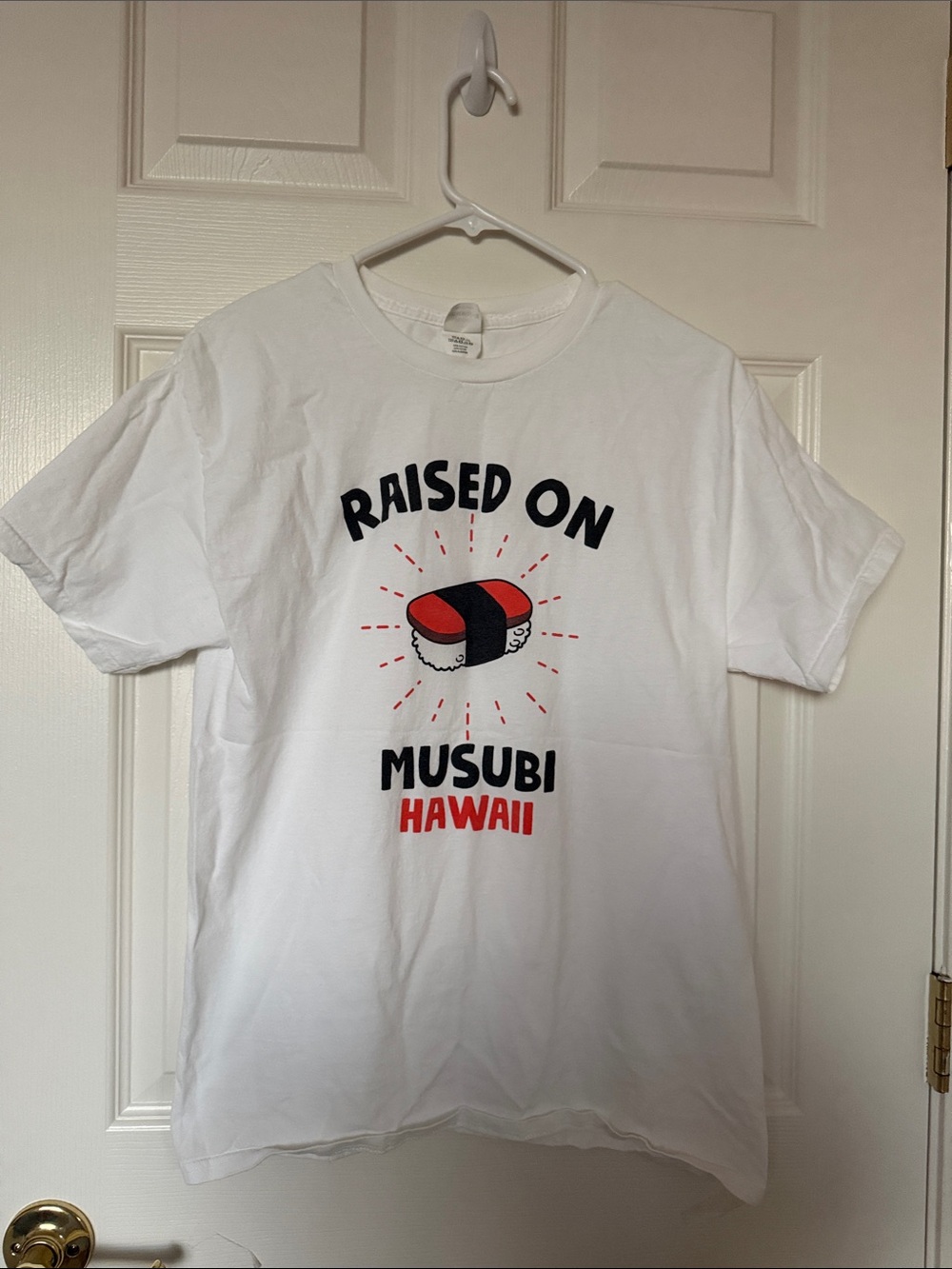 Hanes White Short Sleeve Tee with Red and Black Musubi Graphic